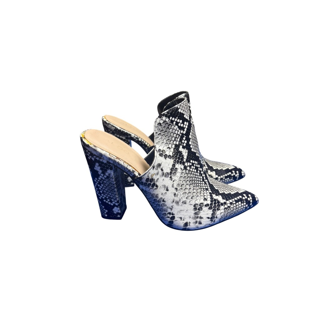 Aldo Snakeskin‎ Print Mules Pointed Toe Block Heel Black White Python Sandals
